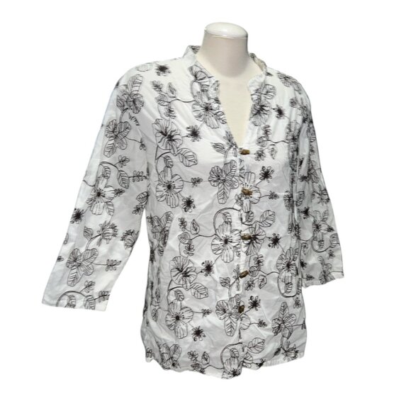 Charter Club Womens White & Black Floral Embroidered Cotton Button-Down Blouse S - Picture 1 of 13